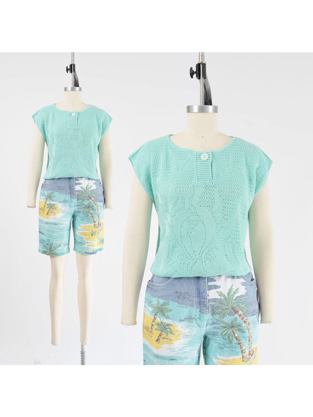 Vintage Mint Green Sweater Sheer Open Knit Floral Cap Sleeve Slouchy Top S M